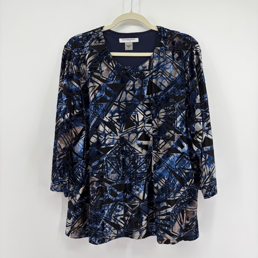Allison Daley Womens 1X Blue Geometric Burnout Velvet 3/4 Sleeve Tunic Top